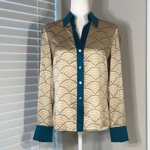 Trina Turk Silk Blouse W/ Jewel Blue Detail